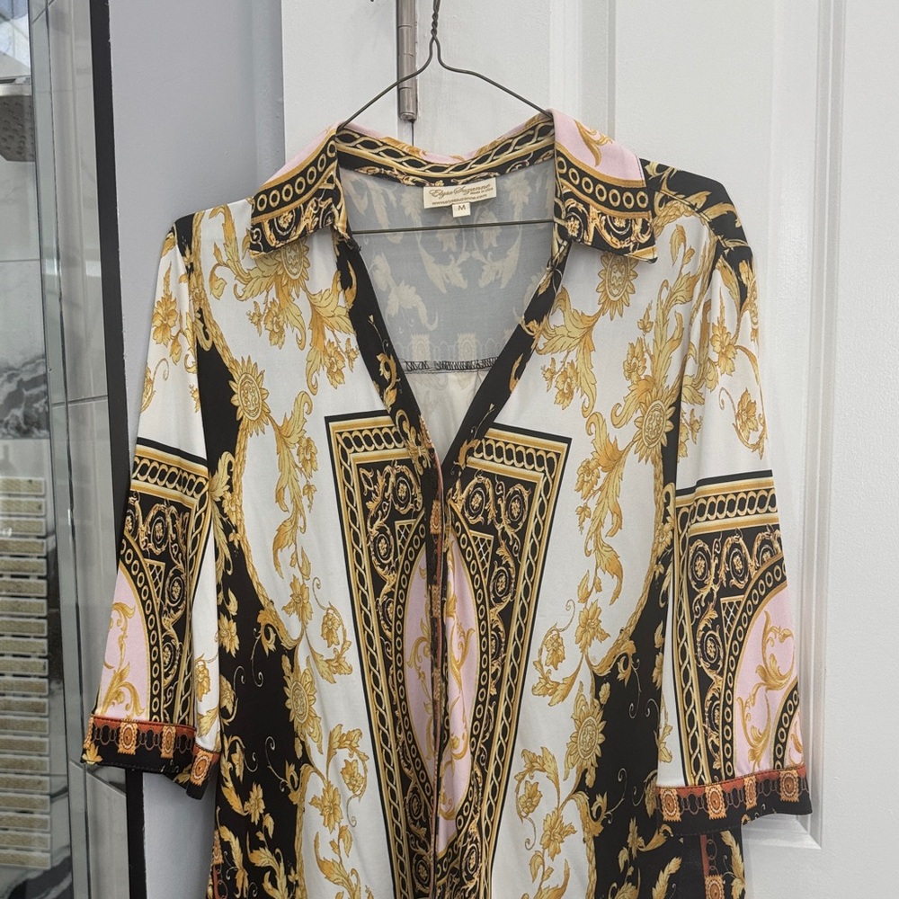 Elegant Women's Button Down Shirt - Black, Gold, and White